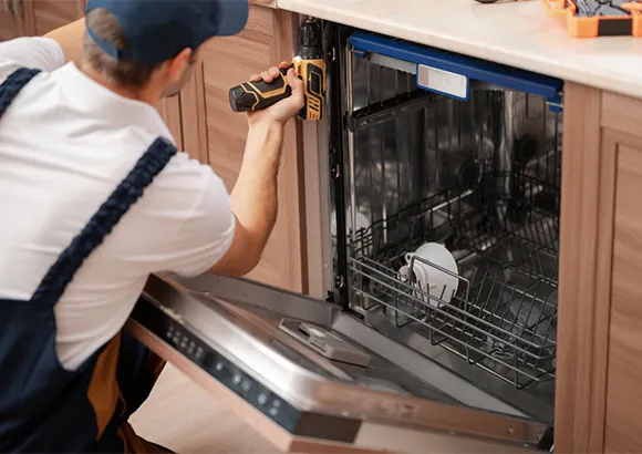 Dishwasher repair service fixing clogged drains, faulty pumps, heating issues, and poor washing performance.